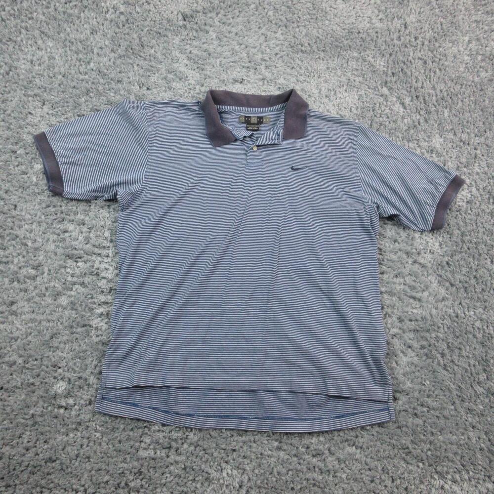 Nike Golf Shirt Large Blue White Stripe 100% Cotton Mens Polo Embroidered Swoosh